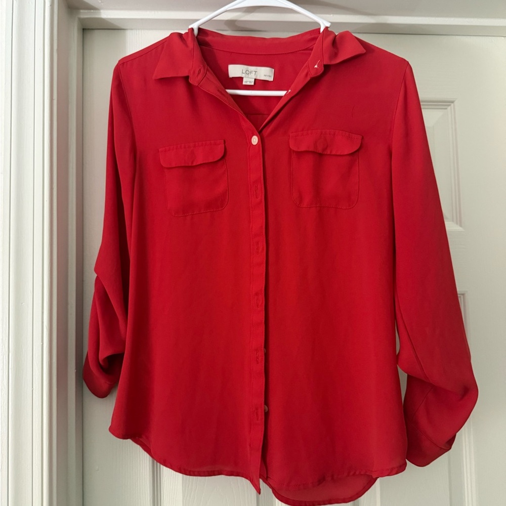 NWOT LOFT Red Petite Button Down Collared Shirt -… - image 2